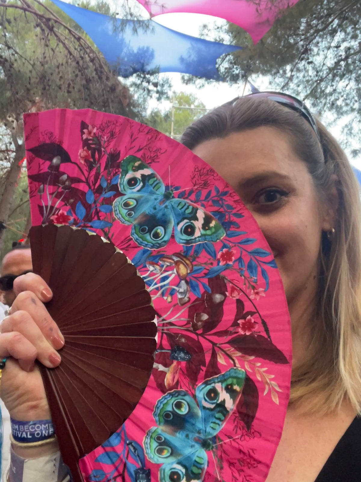 Hot pink 'Fuchsia' silk folding hand fan with butterfly and mushroom painted artwork