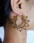 Sunburst Scroll Hoops - Mandala Brass Earrings with Ethnic Scallop Detailing.