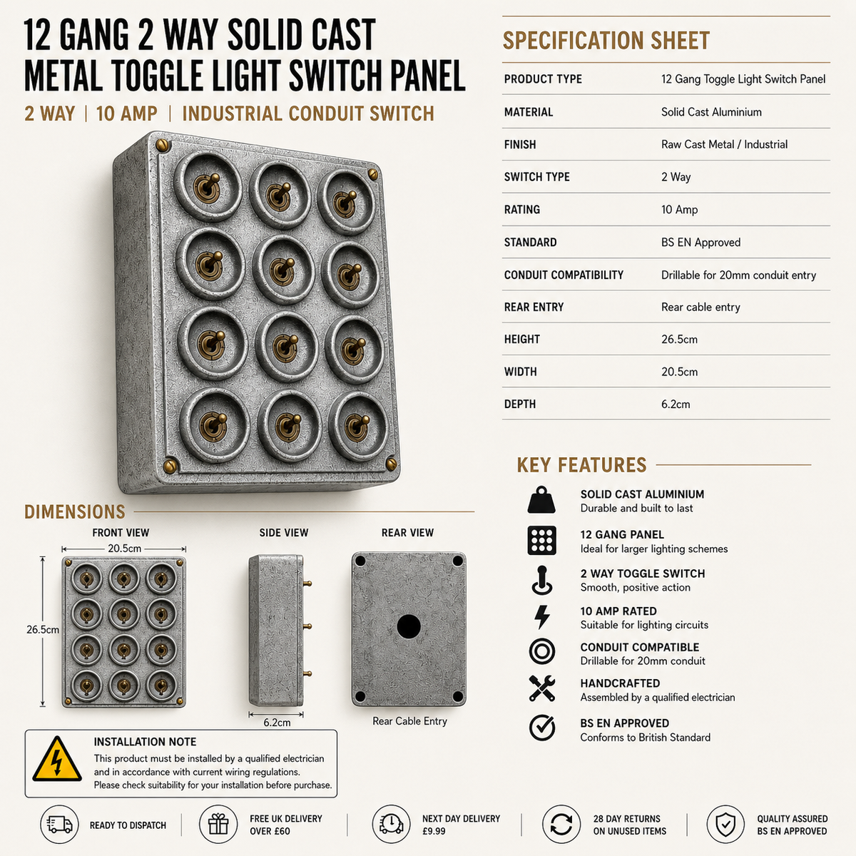 12 Gang 2 Way Cast Aluminium Industrial Toggle Switch Light Panel
