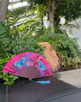 Hot pink 'Fuchsia' silk folding hand fan with butterfly and mushroom painted artwork