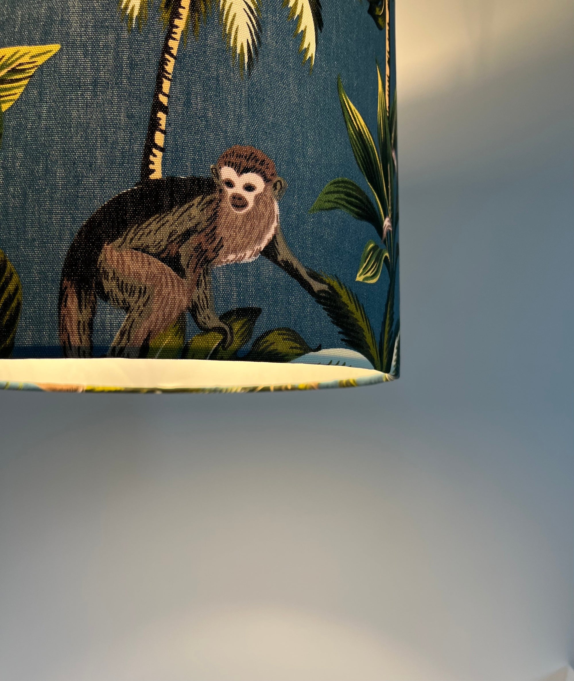 Jungle monkey cotton, in teal, drum lampshade /ceiling shade with a white lining