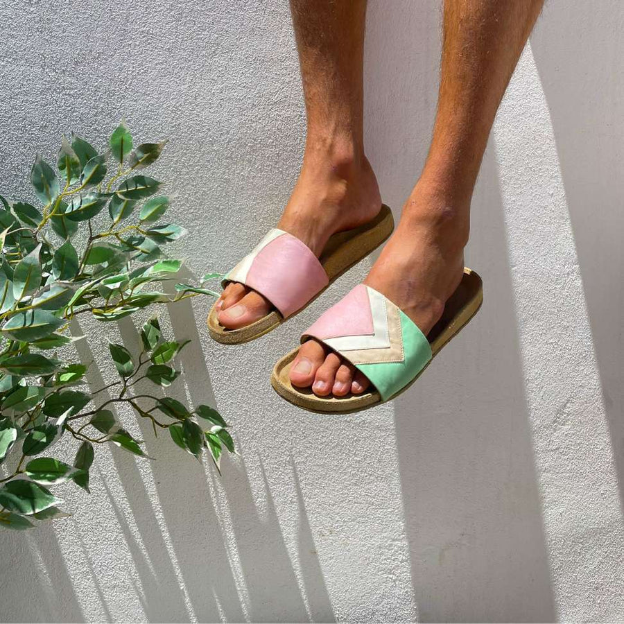 Premium vegan sandals in strawberry pink, white, nude, mint, with ergonomic footbed, slip-resistant sole, fair European fashion by Fünve at brixbailey.com