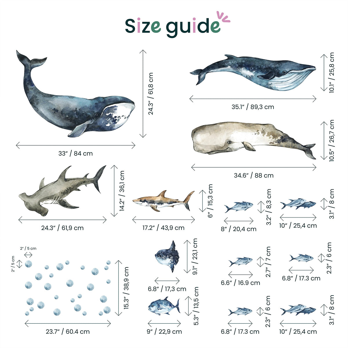 Sharks &amp; Whales Decal Set - Sperm, Humpback, Blue, Hammerhead Shark + More - Watercolour Effect Stickers - Ocean Theme