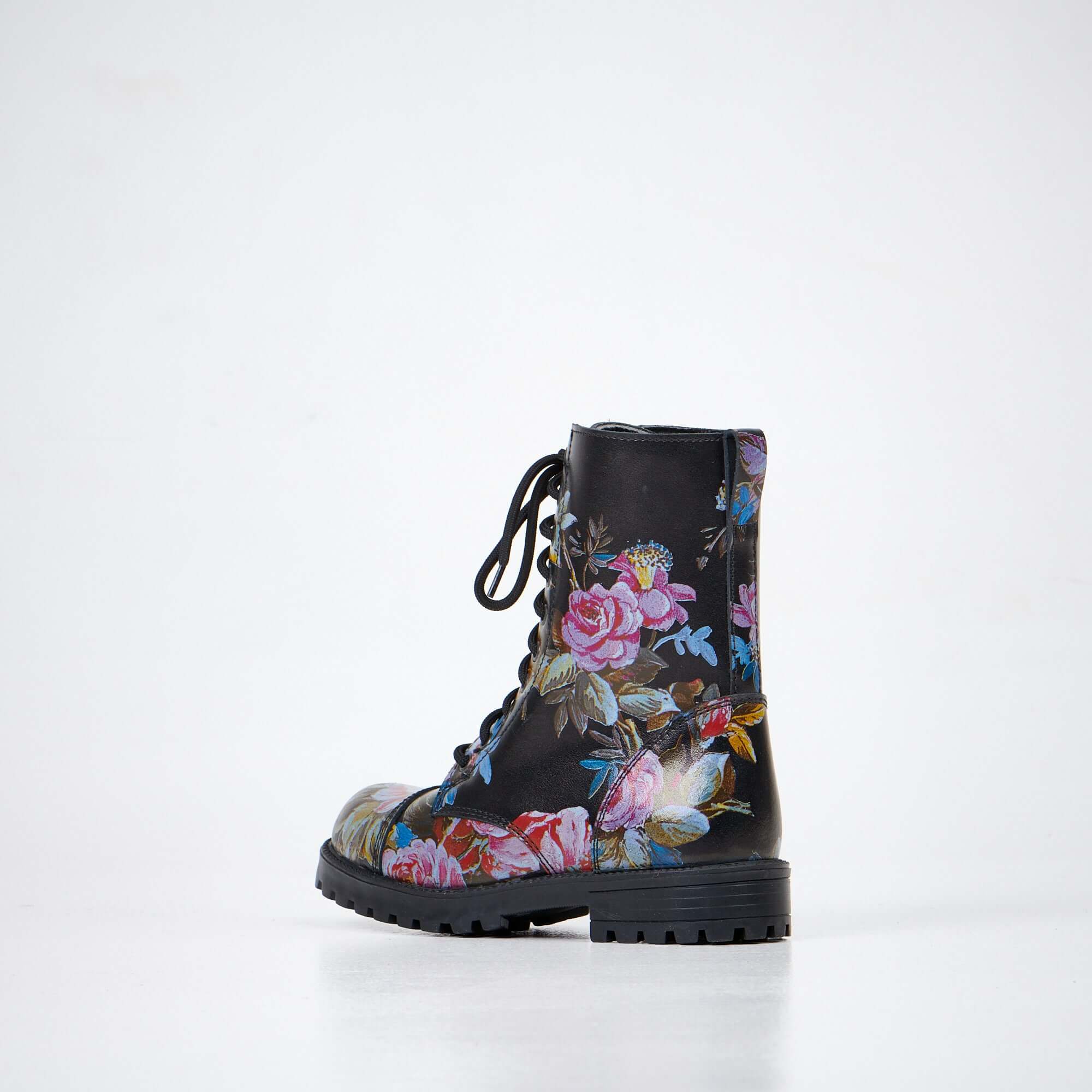 Pink Roses Leather Boots with Side Zipper