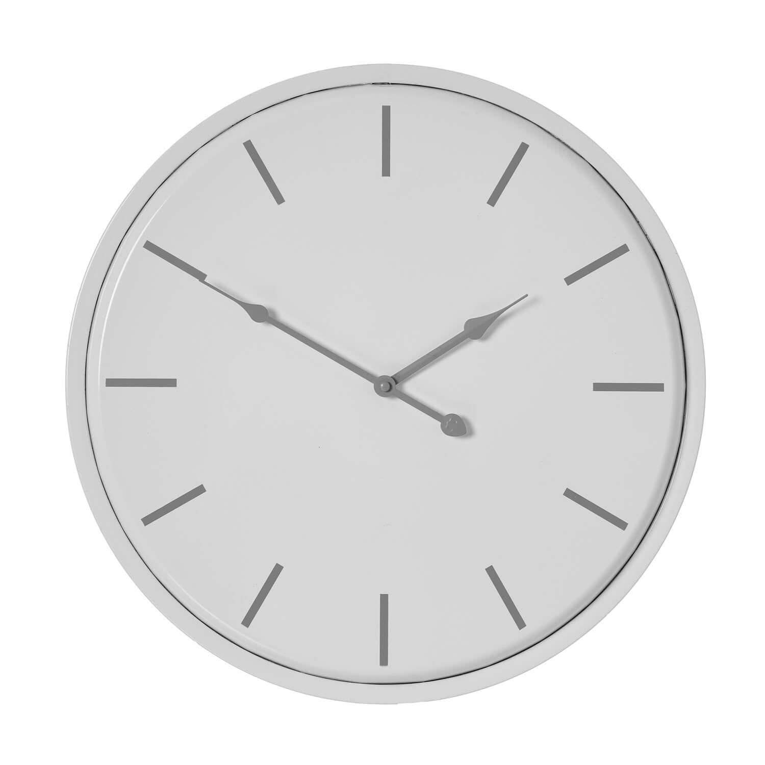 White metal wall clock with minimalist industrial design, 49cm diameter, contemporary home decor statement piece by Sostter at brixbailey.com