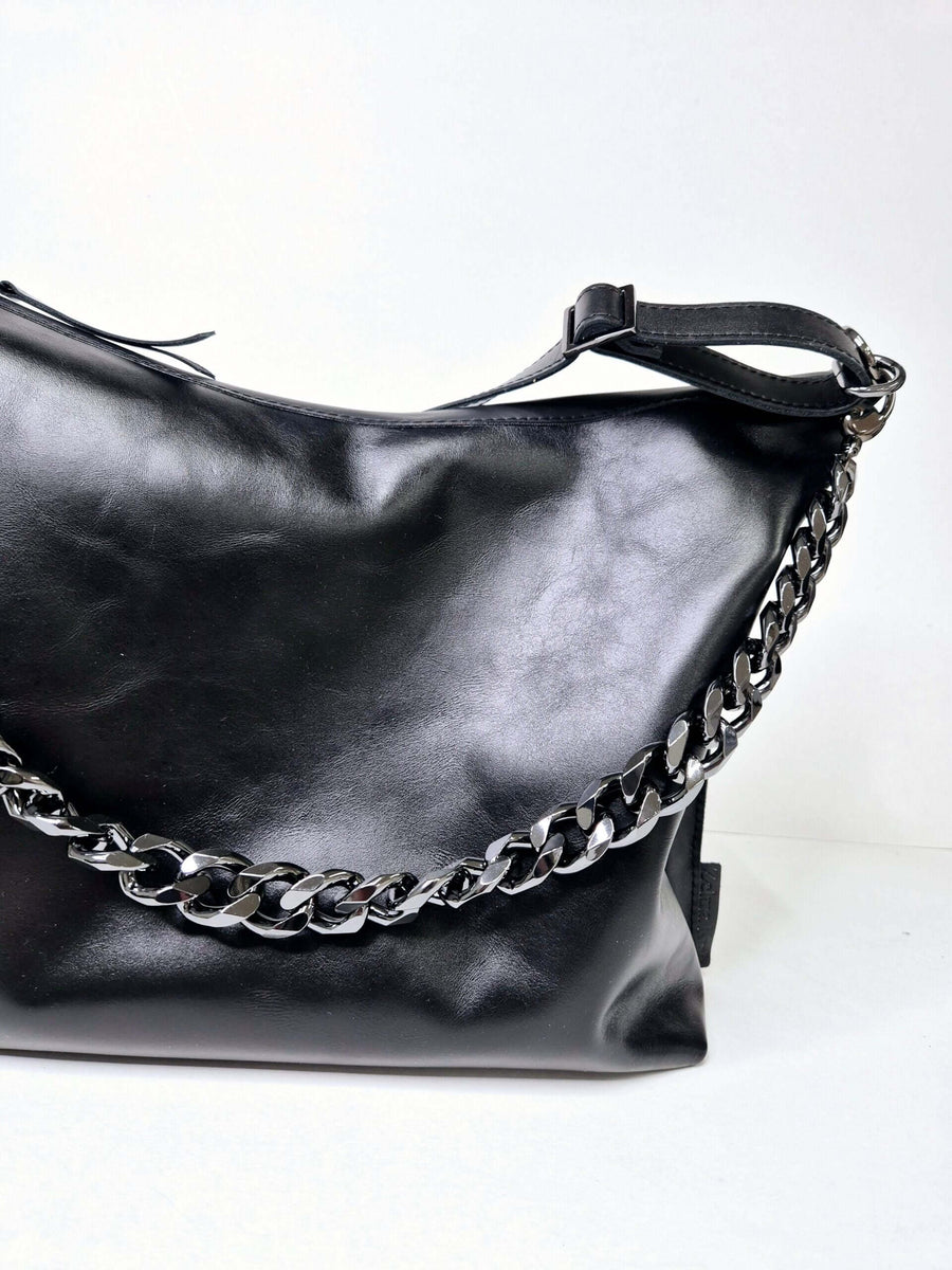 Black Leather Handbag with Metallic Accents, Crossbody