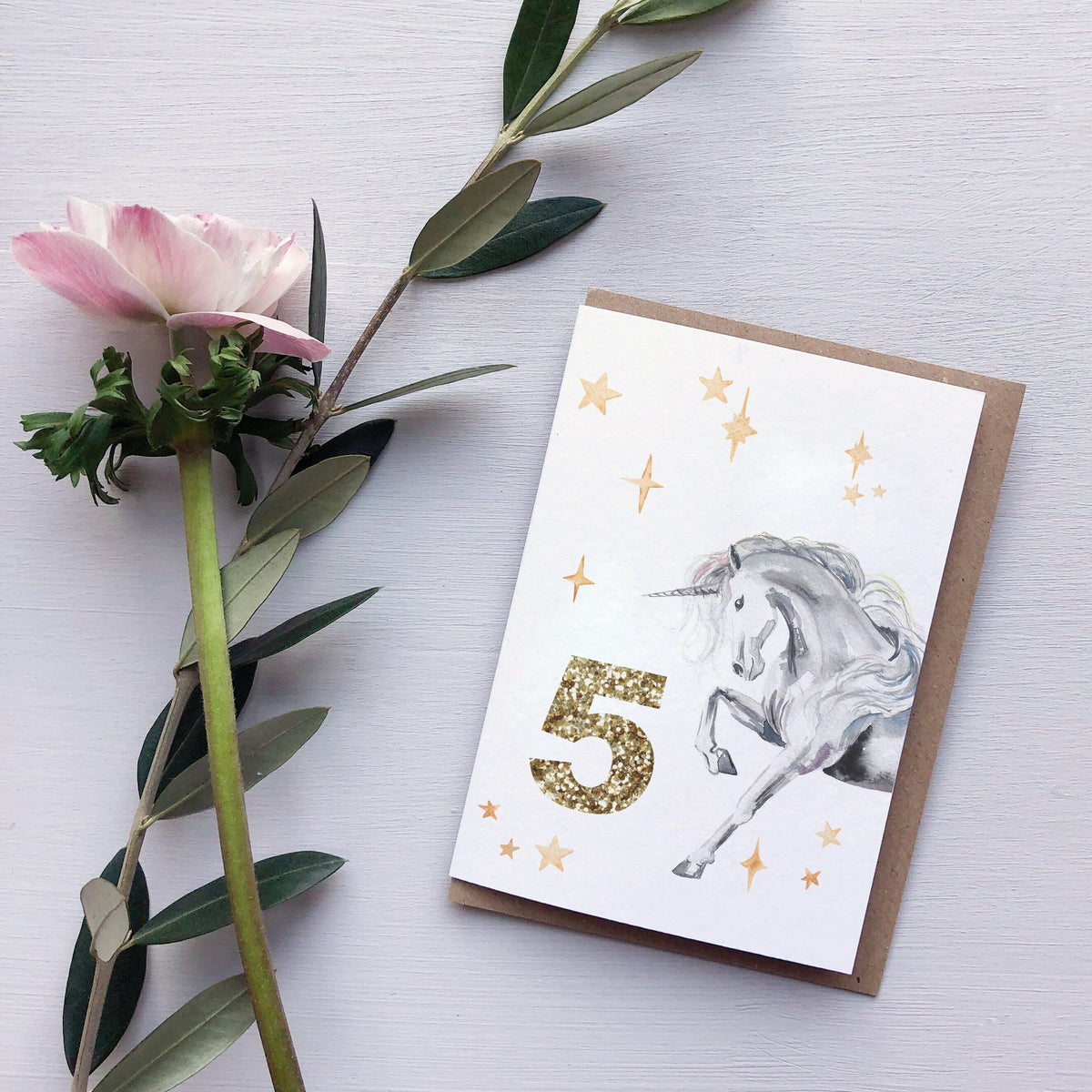 Custom Unicorn Hand-Painted Birthday Card -  Sparkly Gold Glitter Effect Age Number. 3rd 4th  5th  6th 7th 8th Birthday Card