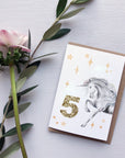Custom Unicorn Hand-Painted Birthday Card -  Sparkly Gold Glitter Effect Age Number. 3rd 4th  5th  6th 7th 8th Birthday Card