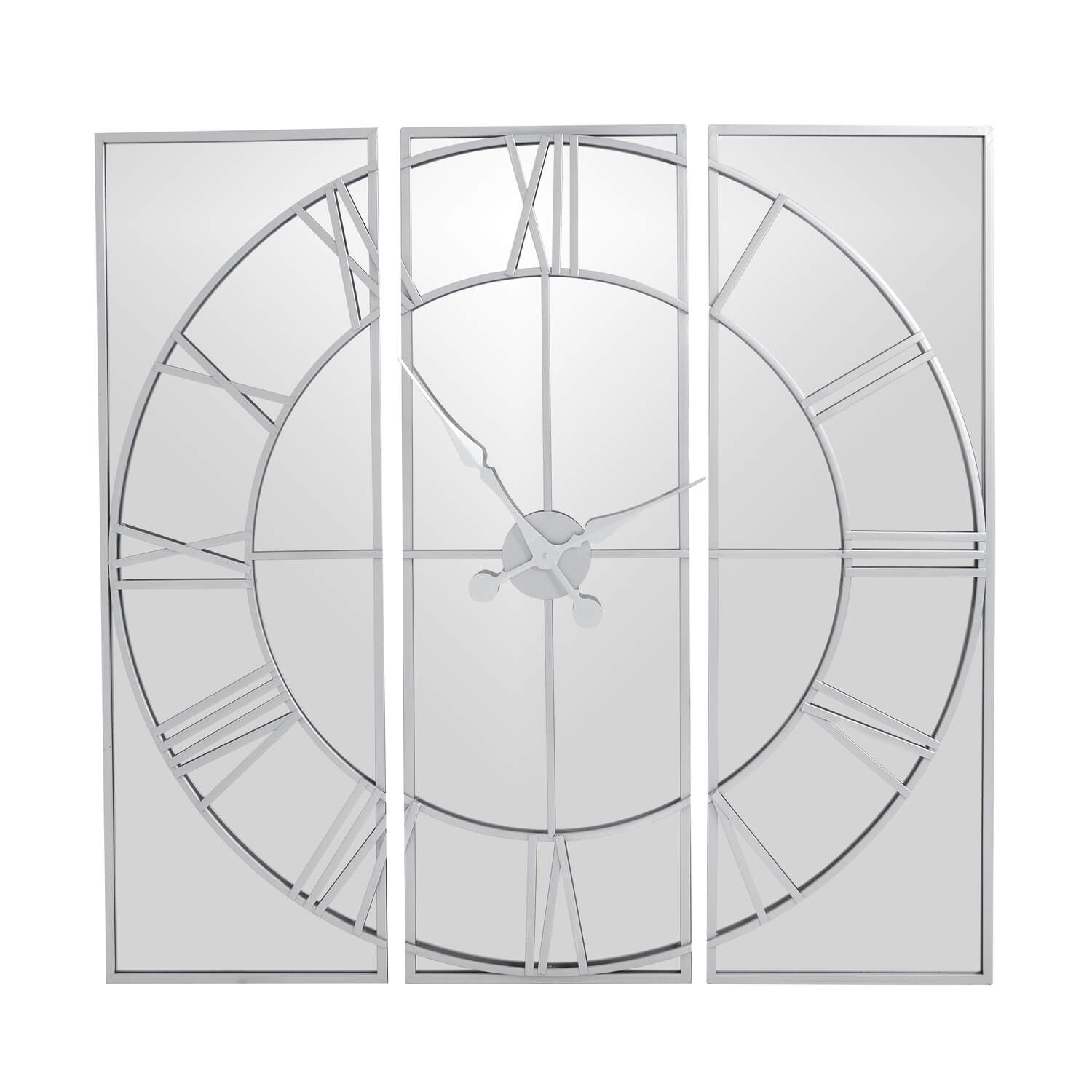 Celina mirrored wall clock with silver metal frame, modern skeleton design, and reflective glass surface by Sostter at brixbailey.com