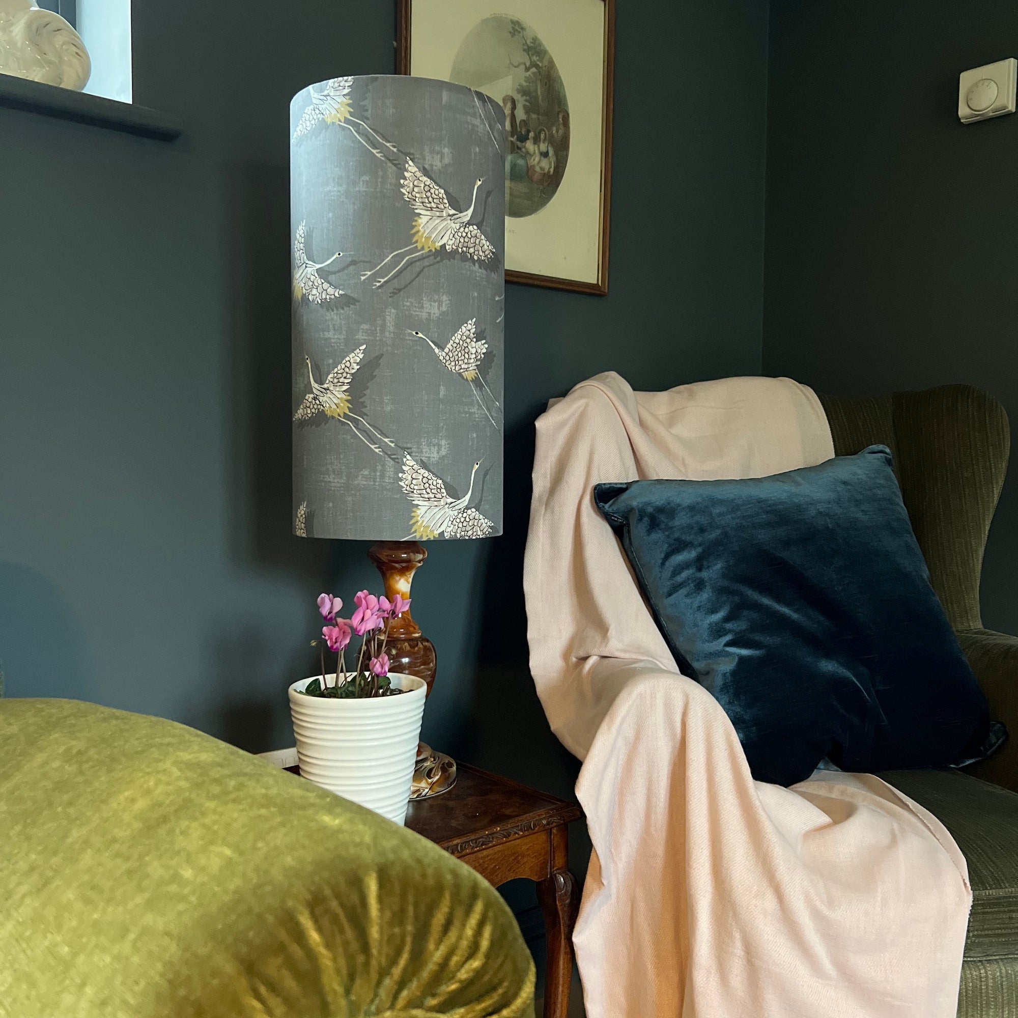 Flying Birds Slate Cotton Lampshade | Extra Tall Cylinder Ceiling Light Shade | Bespoke Handmade UK