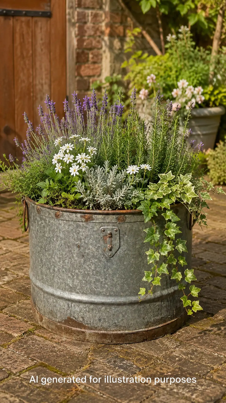 Vintage Galvanised Metal Round Garden Planter Tub Rustic Outdoor Pot