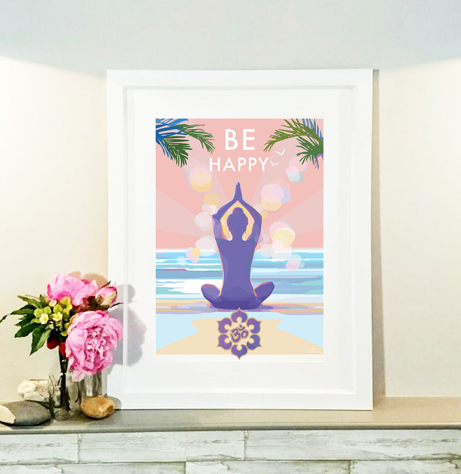 Be Happy Mindfulness Yoga Vintage Retro Quote Poster