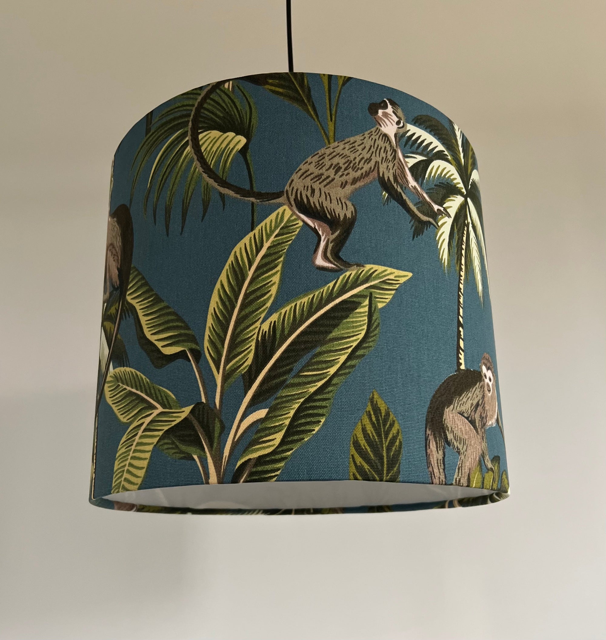 Jungle monkey cotton, in teal, drum lampshade /ceiling shade with a white lining