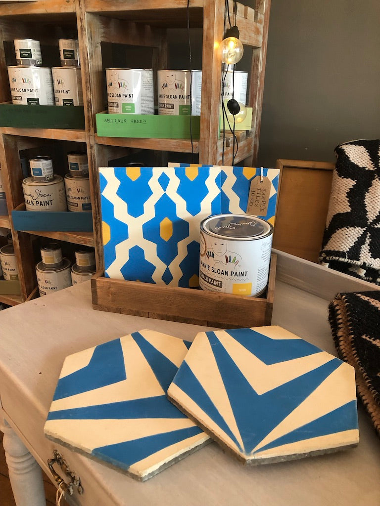 Luxury Moroccan cement tiles, blue yellow cream SOUK pattern, premium handcrafted floor and wall tiles, trending exotic design by Maria Starling Design at brixbailey.com