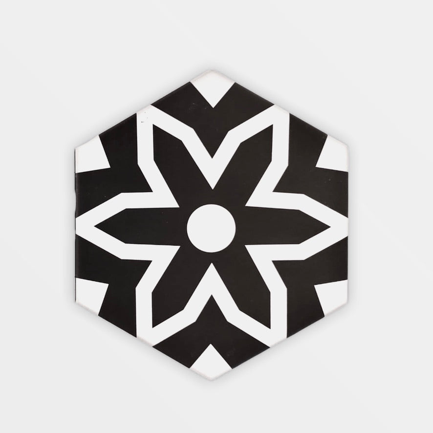 Luxury Fleur porcelain floor and wall tiles, black and white hex pattern, premium anti-slip, indoor outdoor use, stylish kitchen bathroom tiles by Maria Starling Design at brixbailey.com