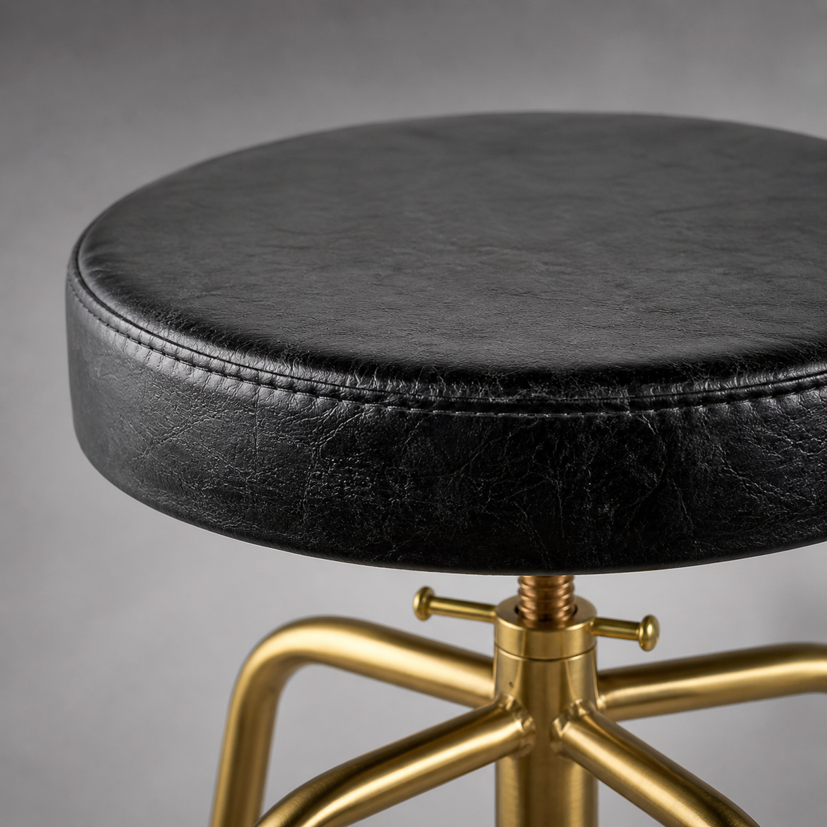Antique Brass &amp; Black Leather Adjustable Bar Stool
