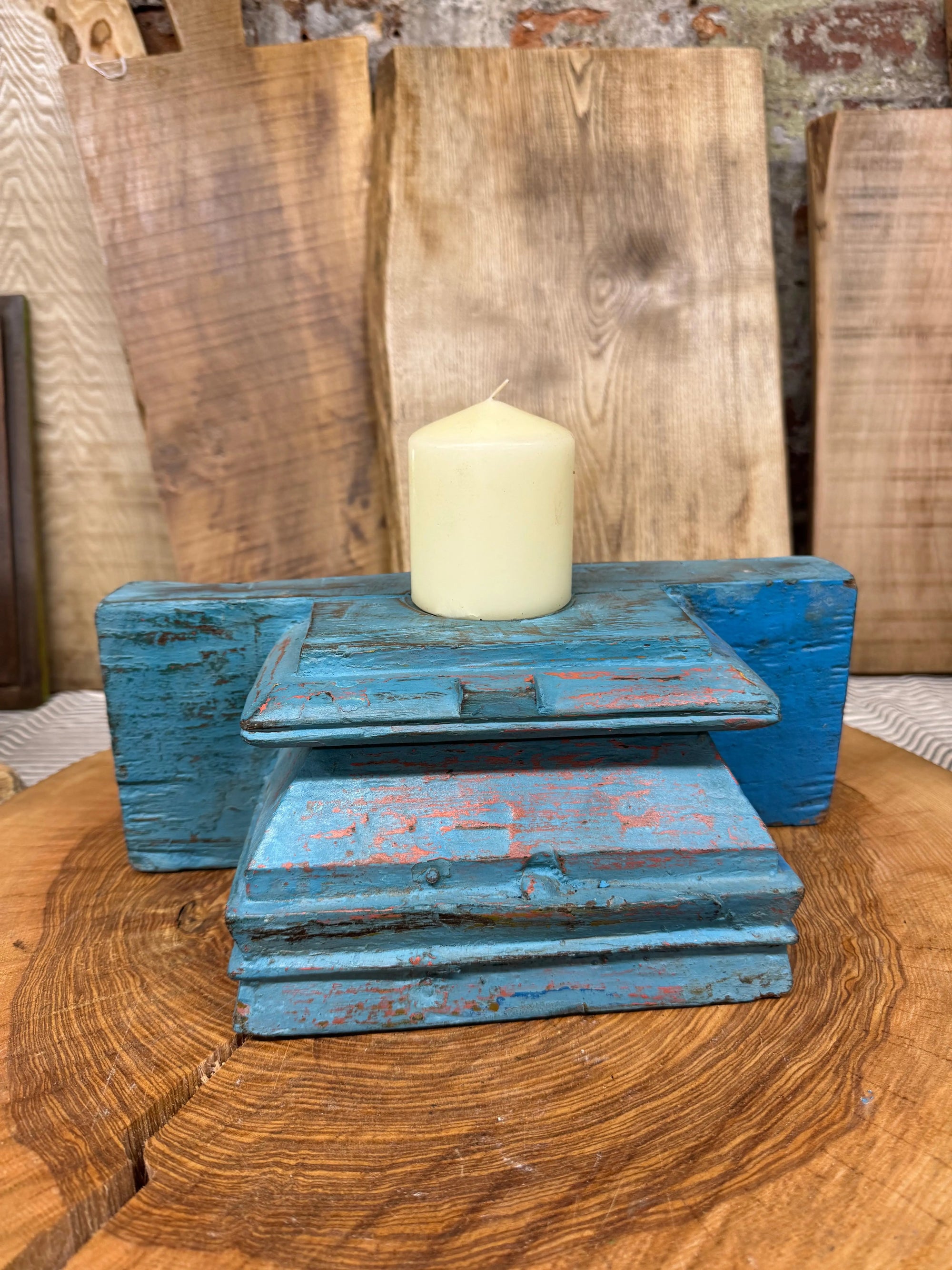Rustic Church Candle Holder / Indian Pillar Base Holder / Farmhouse Decor Blue