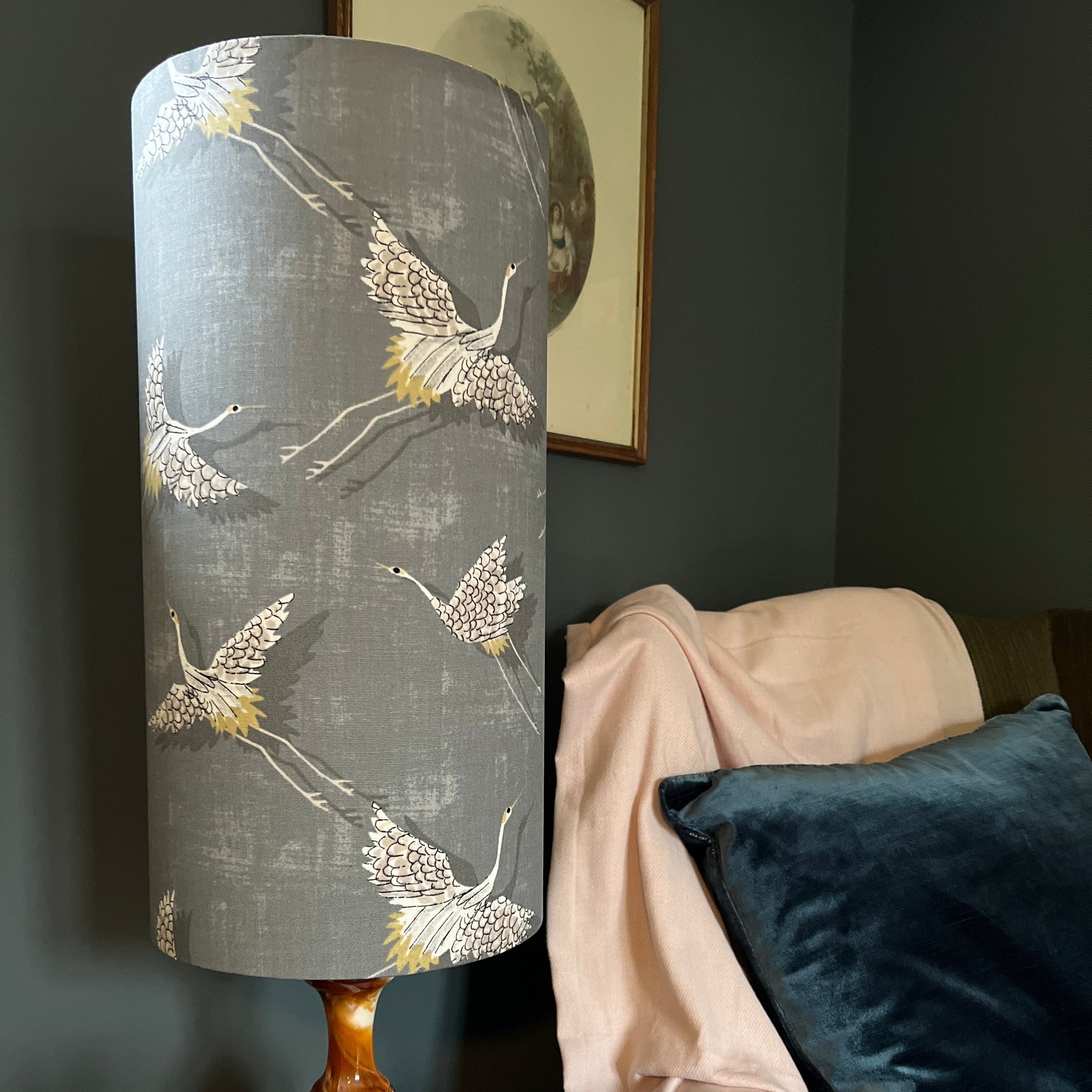 Flying Birds Slate Cotton Lampshade | Extra Tall Cylinder Ceiling Light Shade | Bespoke Handmade UK
