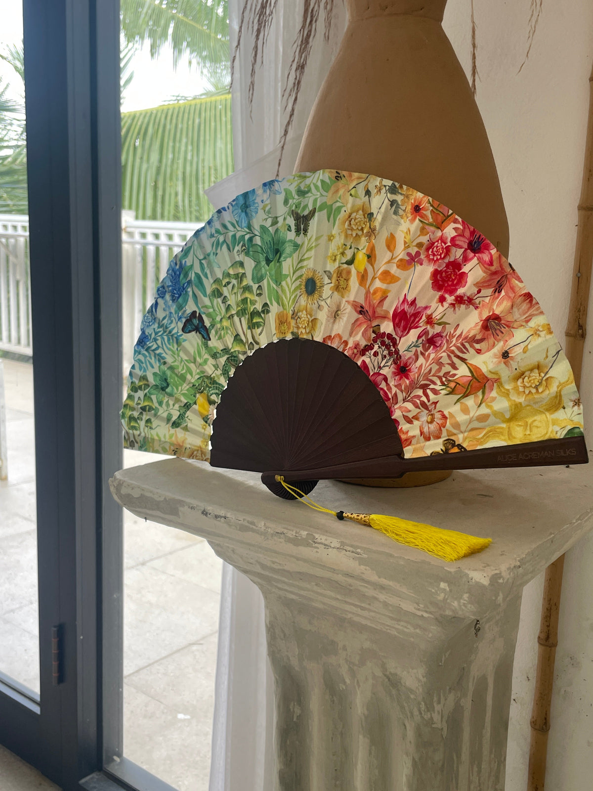 Colourful Silk folding hand fan 'kaleido-bloom' print with floral &amp; nature filled rainbow design