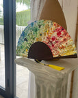 Colourful Silk folding hand fan 'kaleido-bloom' print with floral & nature filled rainbow design