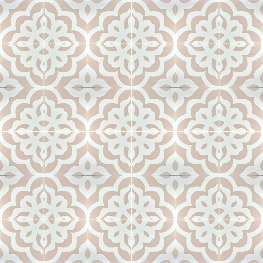 Isla luxury porcelain tile, dusky pink and white Moroccan-inspired boho chic design, premium indoor-outdoor flooring by Maria Starling Design at brixbailey.com
