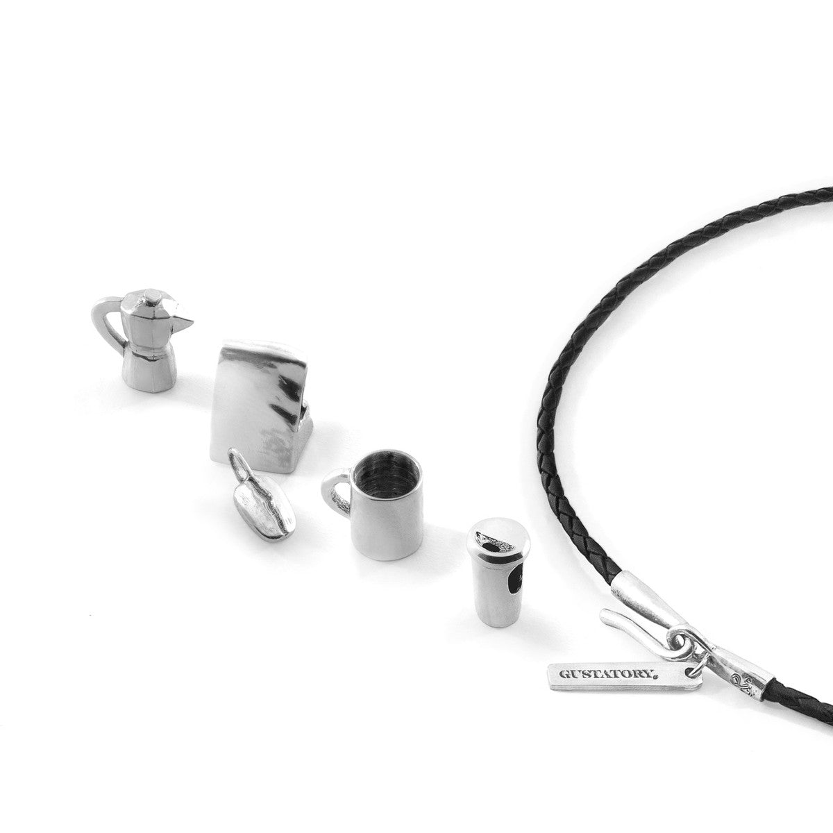 Midnight Black GUSTATORY Coffee Moka Pot Silver and Braided Leather Bracelet