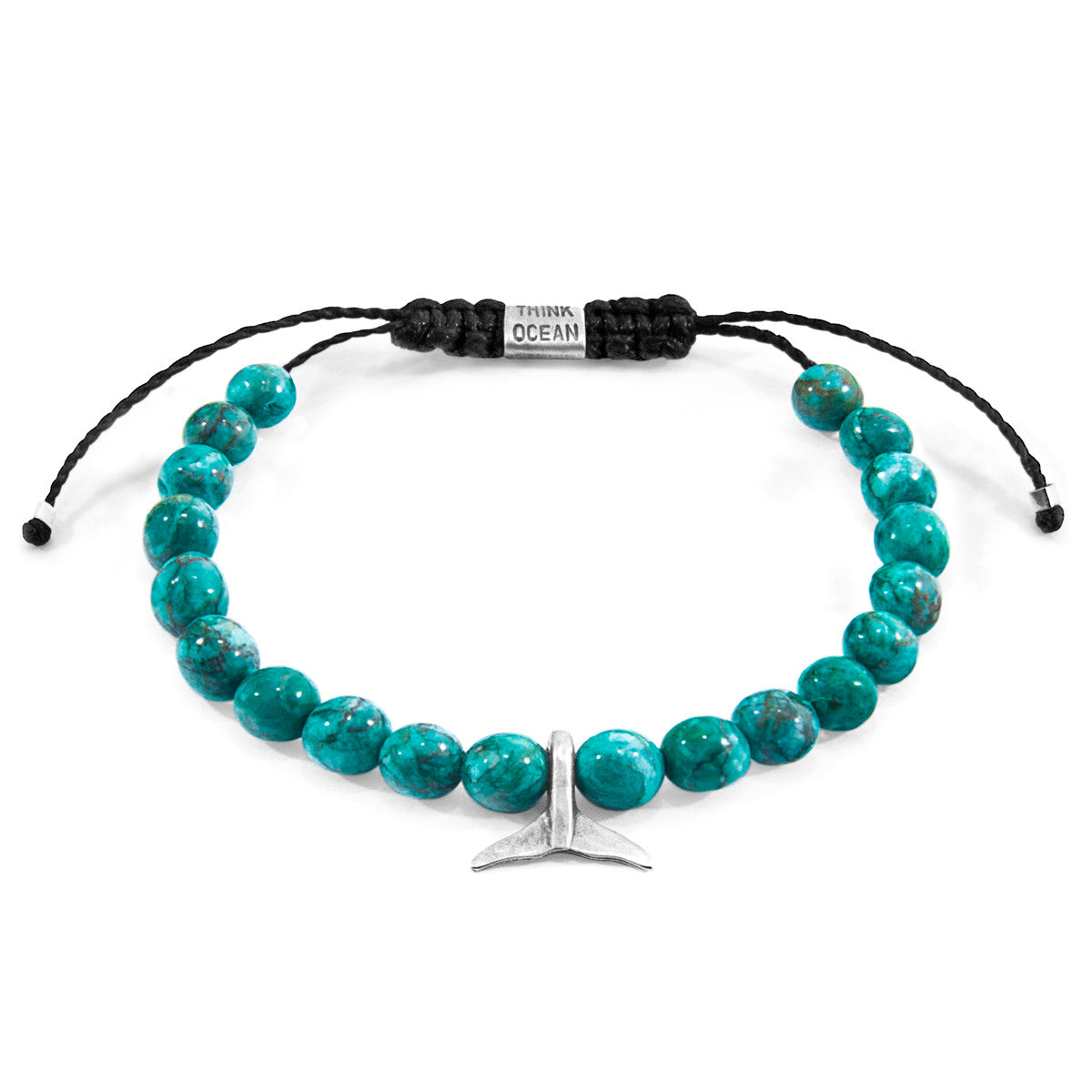 Blue Turquoise Think Ocean Mini Whale Silver and Stone Macrame Bracelet