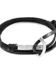 Coal Black Clipper Anchor Silver and Flat Leather Bracelet