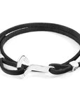 Coal Black Flyak Anchor Silver and Flat Leather Bracelet