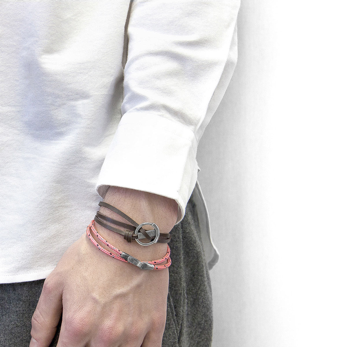 Fern Green Ketch Anchor Silver and Flat Leather Bracelet