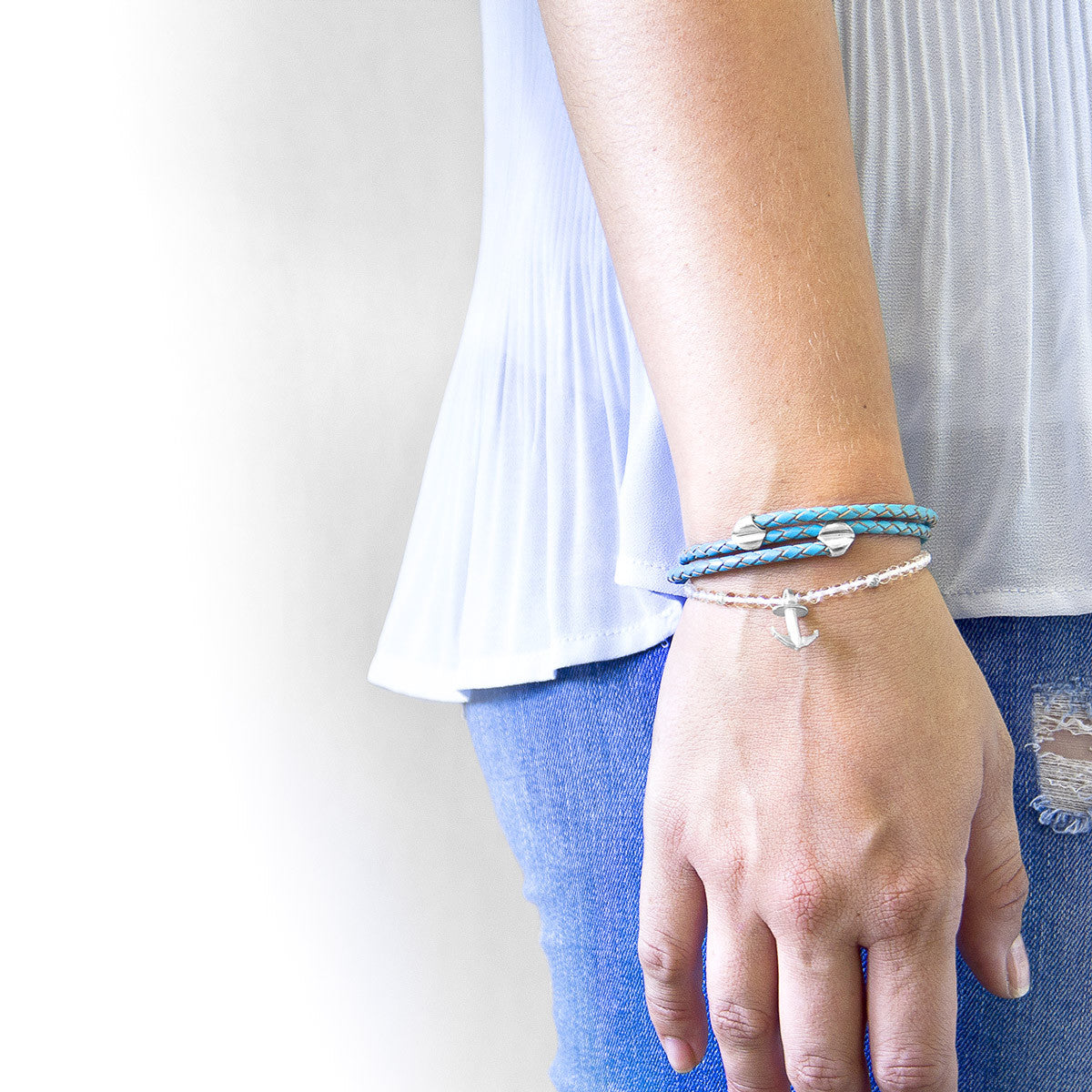 Turquoise Blue Conway Silver and Braided Leather Bracelet