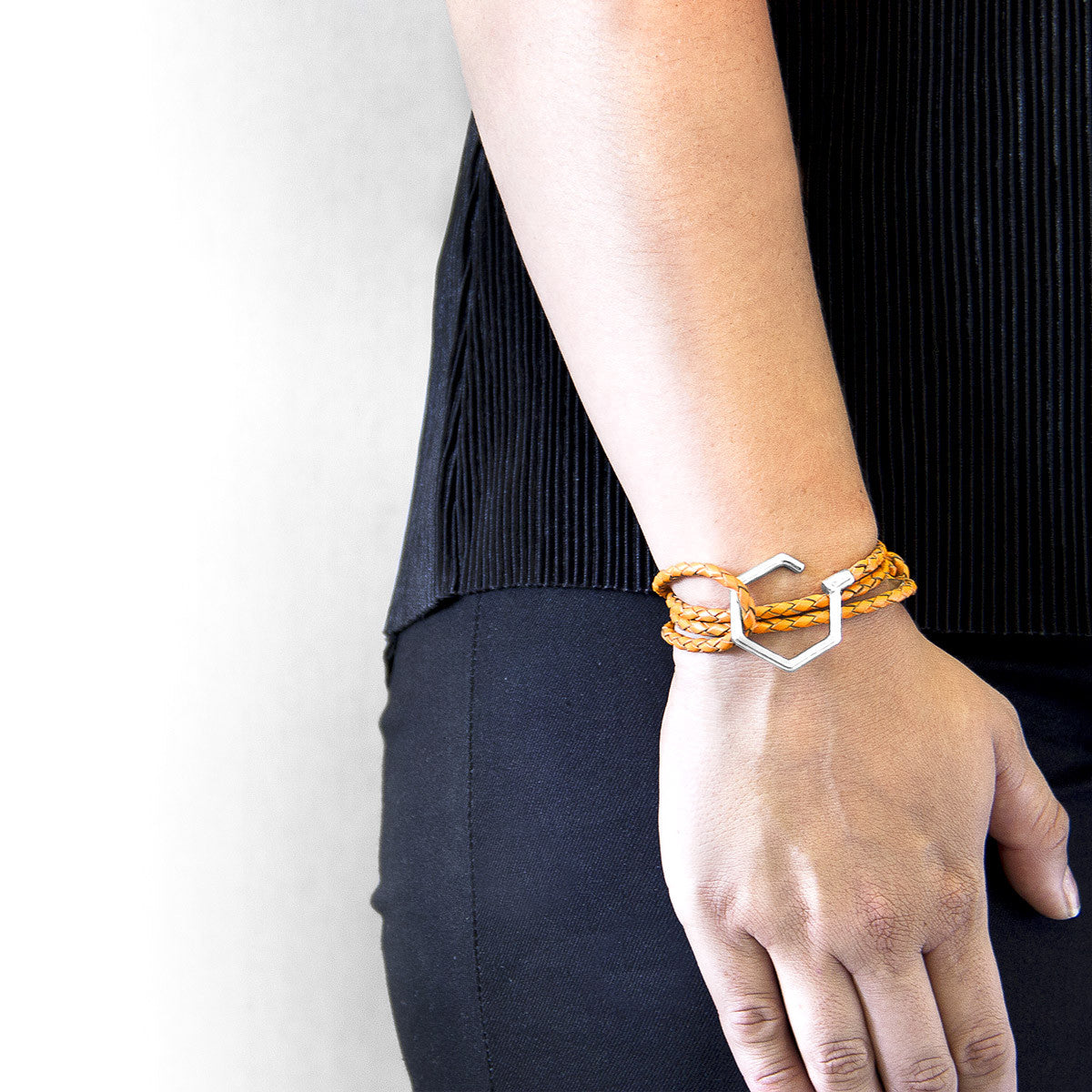 Fire Orange Storey Silver and Braided Leather Bracelet
