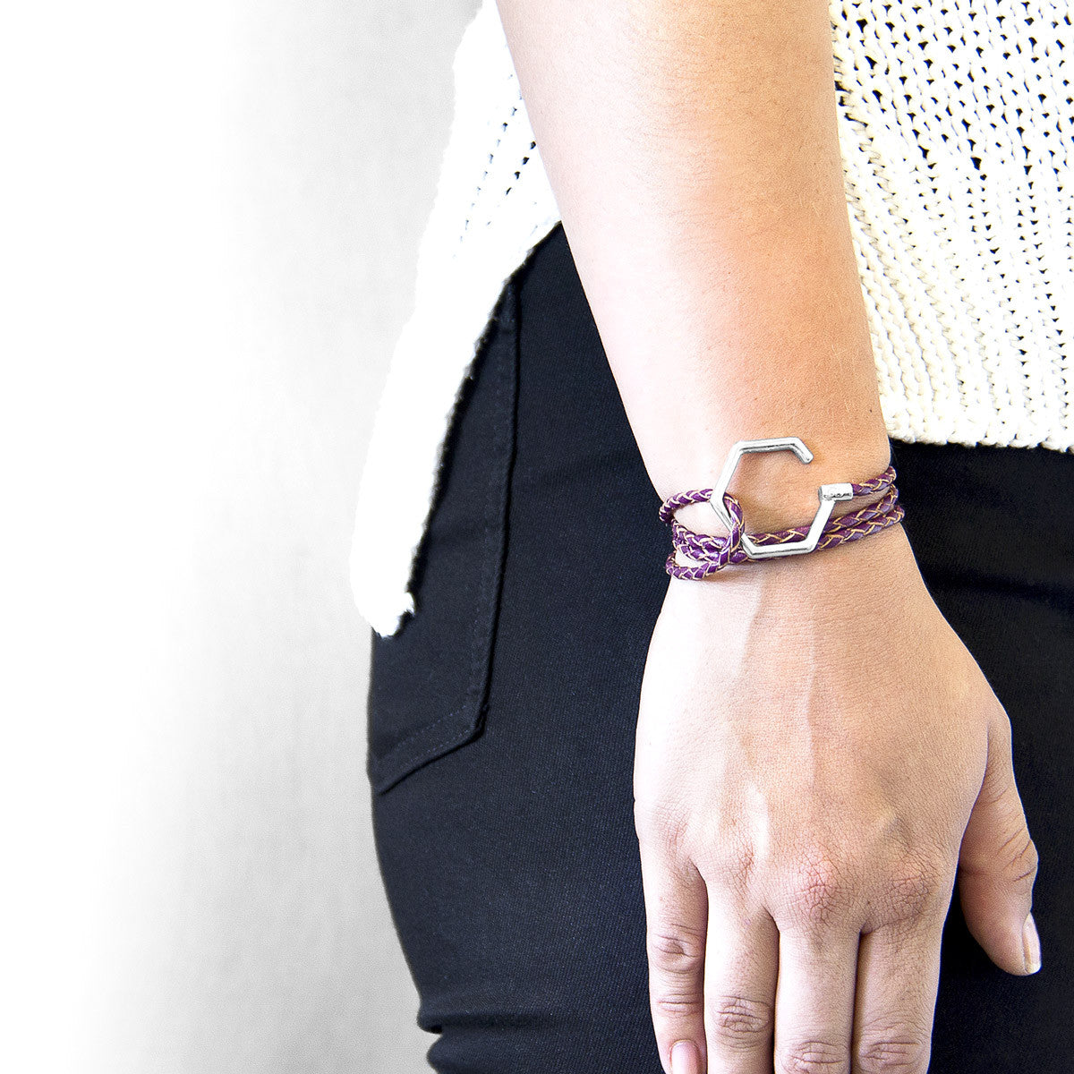 Deep Purple Storey Silver and Braided Leather Bracelet