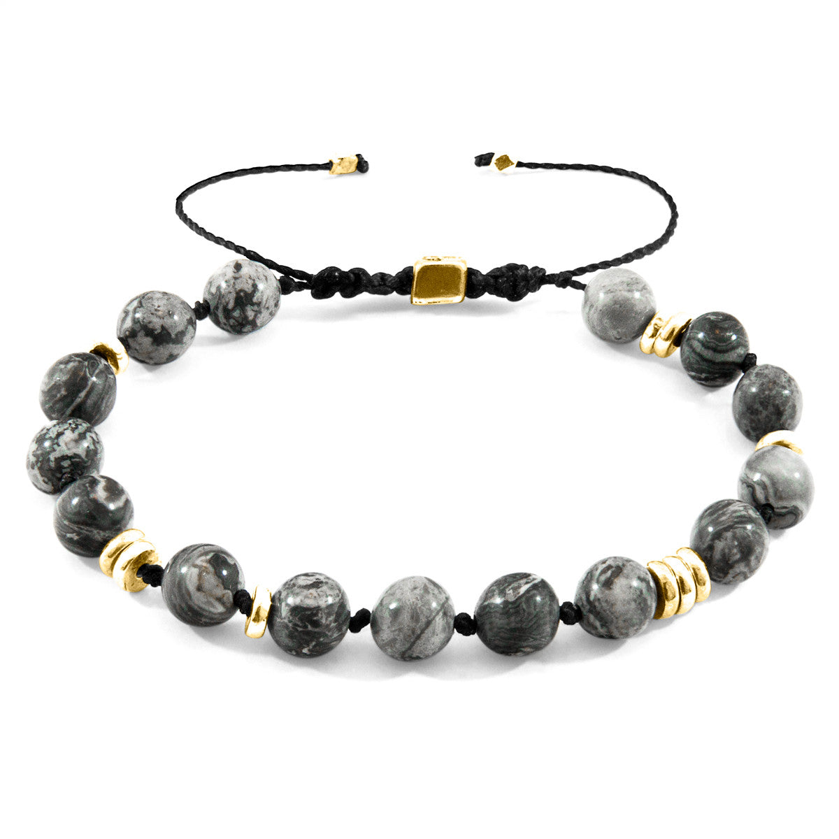 Grey Jasper Agaya 9ct Yellow Gold and Stone Beaded Macrame Bracelet