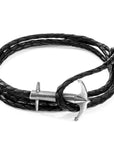 Coal Black Admiral Anchor Silver and Braided Leather Bracelet