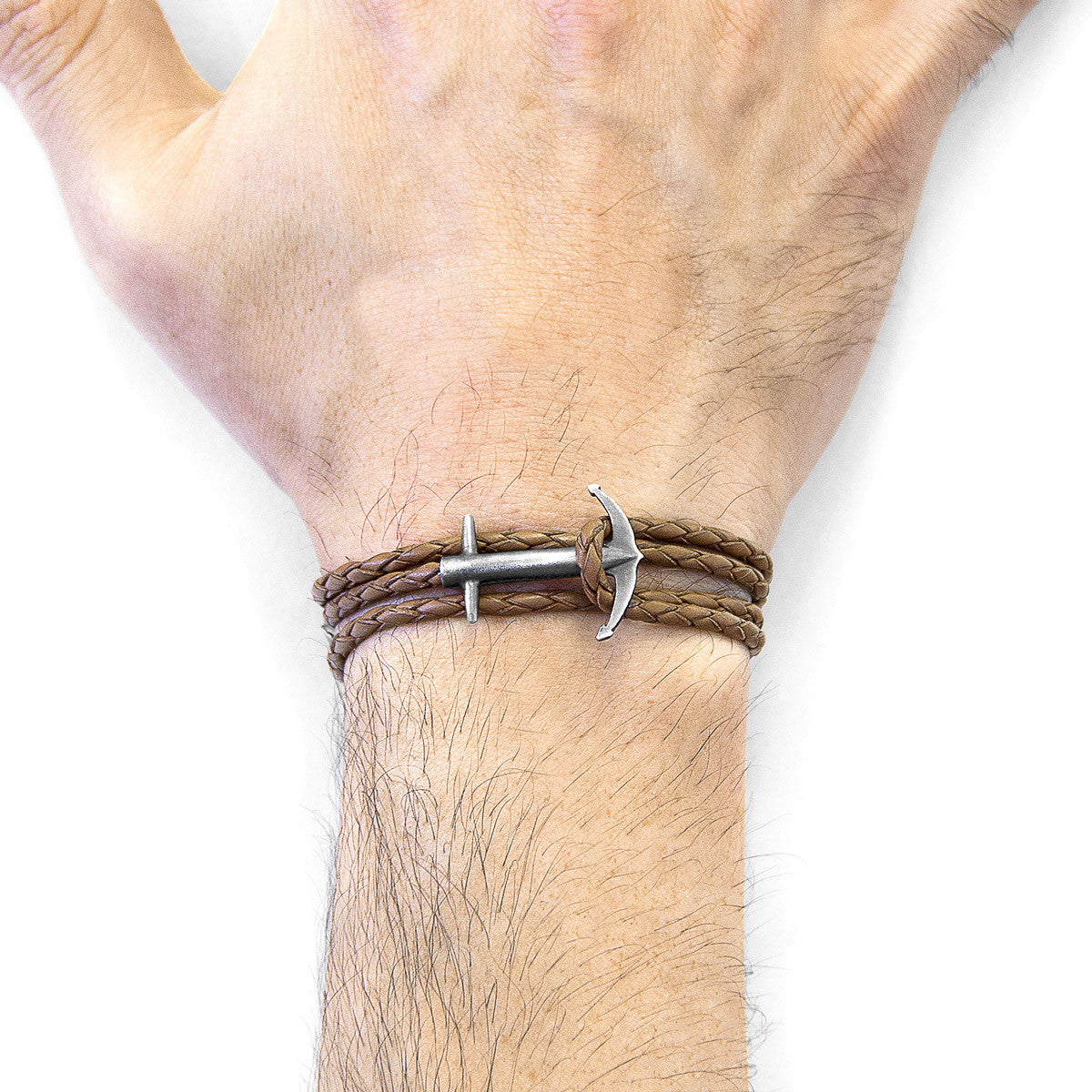 Light Brown Admiral Anchor Silver and Braided Leather Bracelet