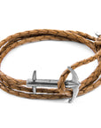 Light Brown Admiral Anchor Silver and Braided Leather Bracelet
