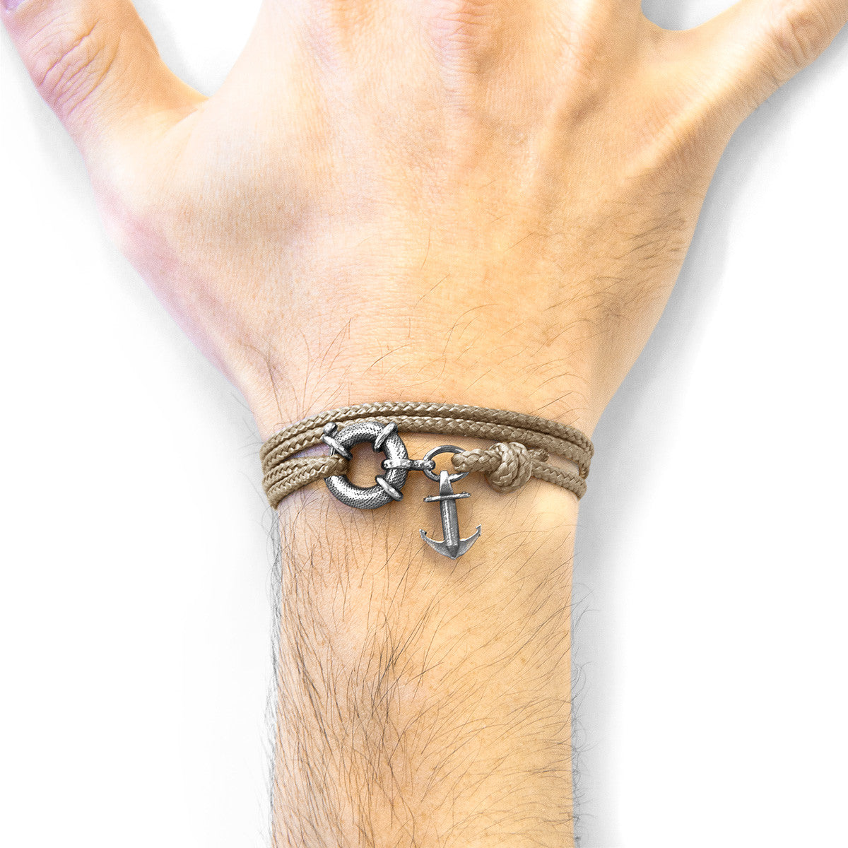 Sand Brown Clyde Anchor Silver and Rope Bracelet