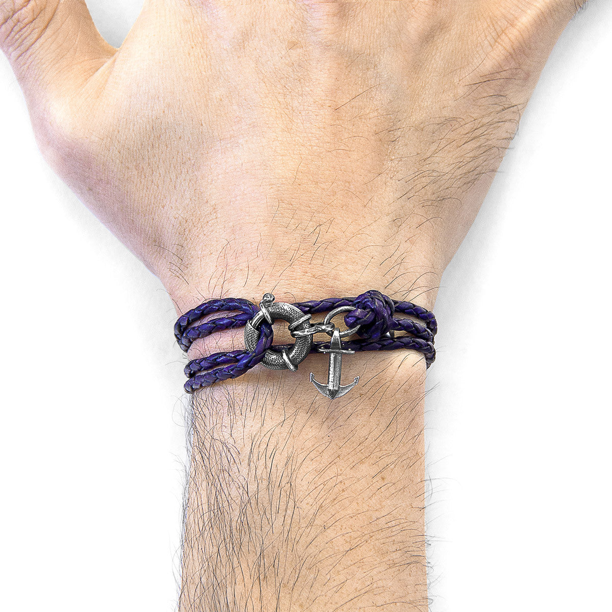 Grape Purple Clyde Anchor Silver and Braided Leather Bracelet