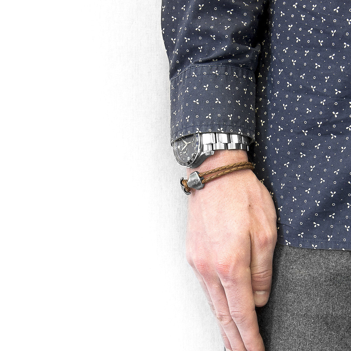 Light Brown Delta Anchor Silver and Braided Leather Bracelet