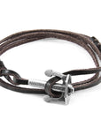Dark Brown Union Anchor Silver and Flat Leather Bracelet