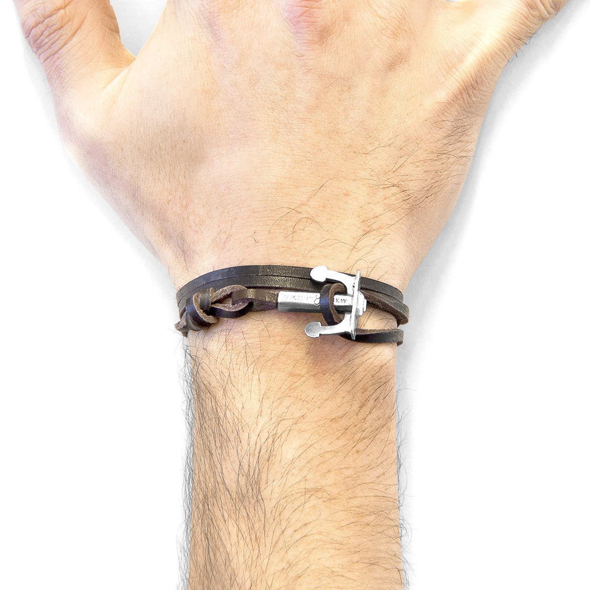 Dark Brown Union Anchor Silver and Flat Leather Bracelet