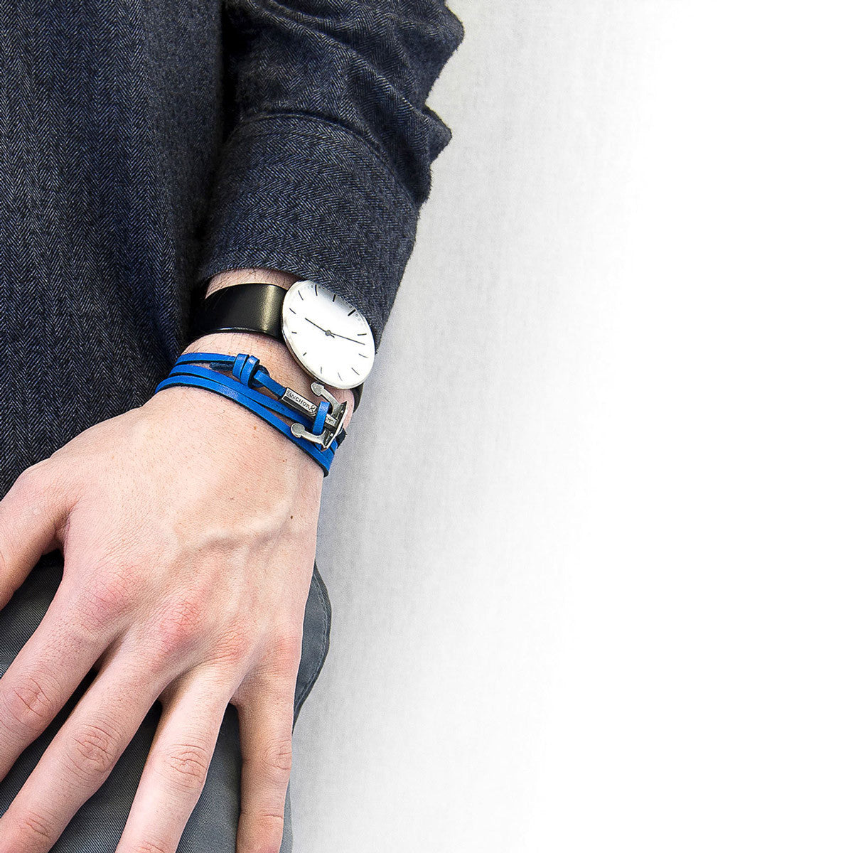 Coal Black Union Anchor Silver and Flat Leather Bracelet