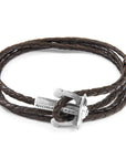 Dark Brown Union Anchor Silver and Braided Leather Bracelet