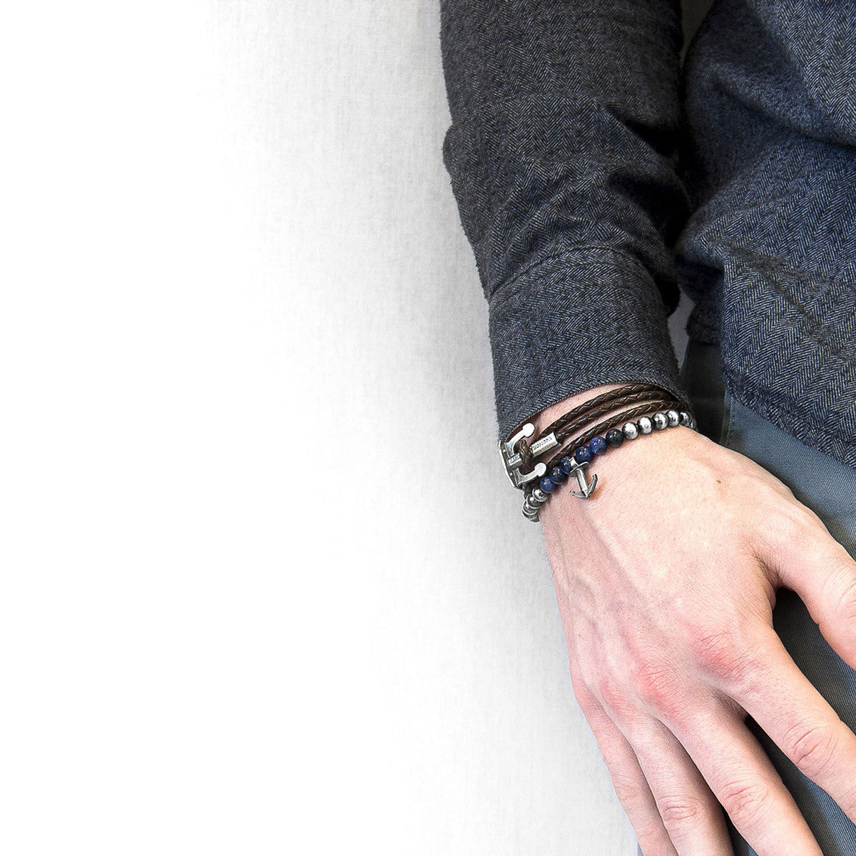 Coal Black Union Anchor Silver and Braided Leather Bracelet