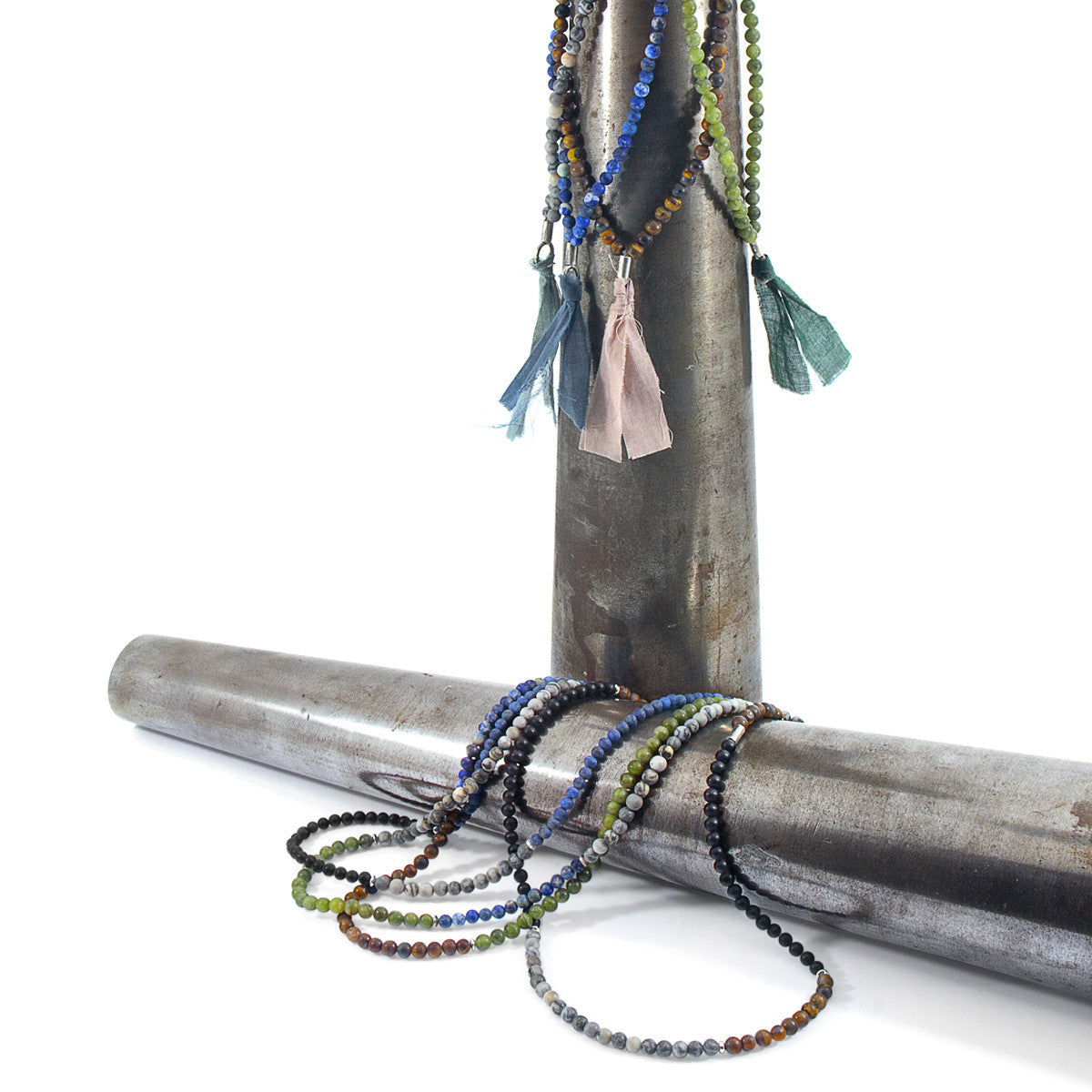 Brown Tigers Eye Luke Silver, Stone and Cotton Voile SKINNY Necklace x Wrap Bracelet