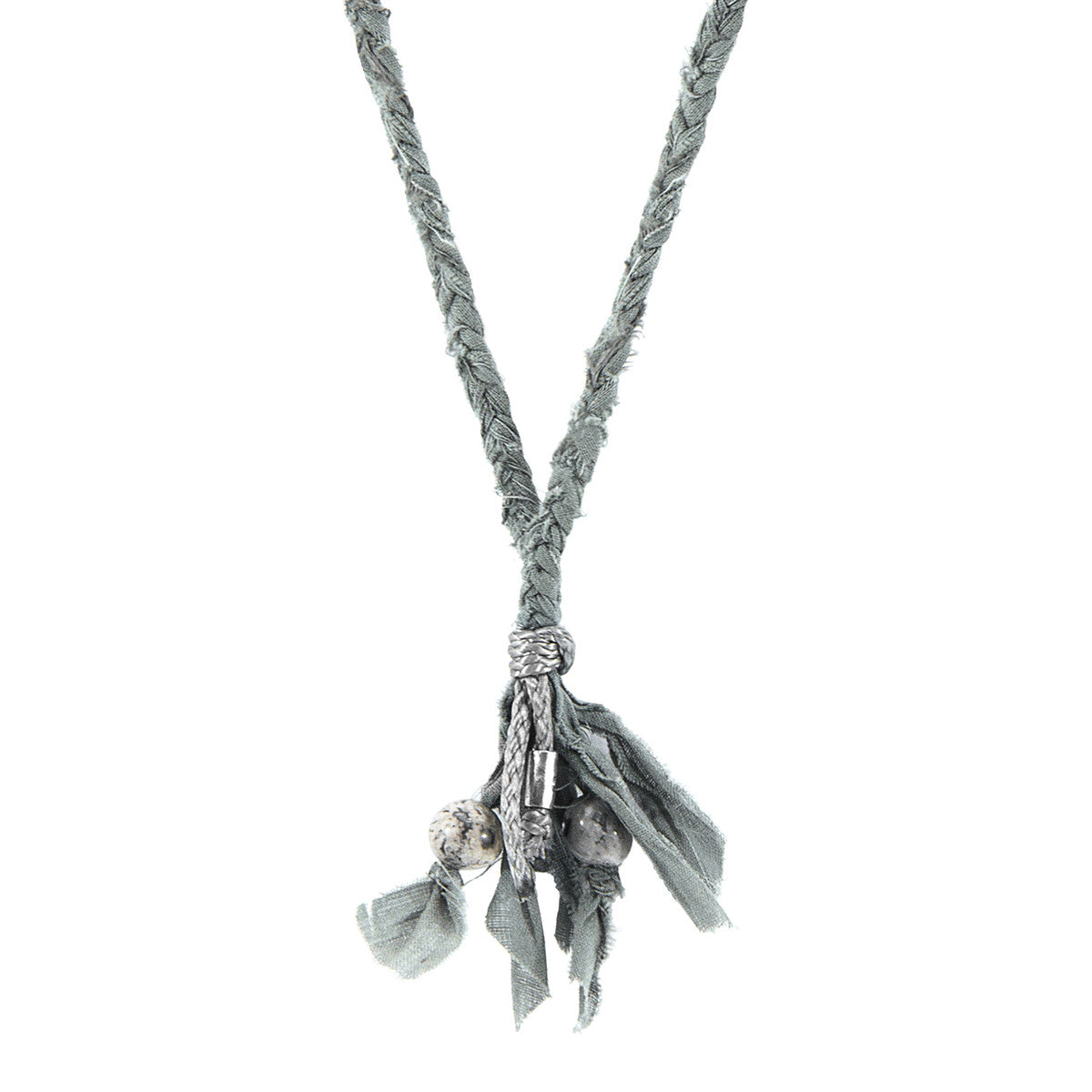 Grey Jasper Marcus Silver, Stone and Braided Cotton Voile SKINNY Necklace x Wrap Bracelet