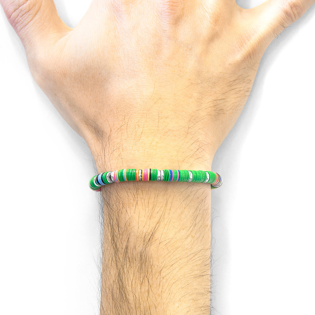 Green Kivu Silver and Vinyl Disc Macrame Bracelet