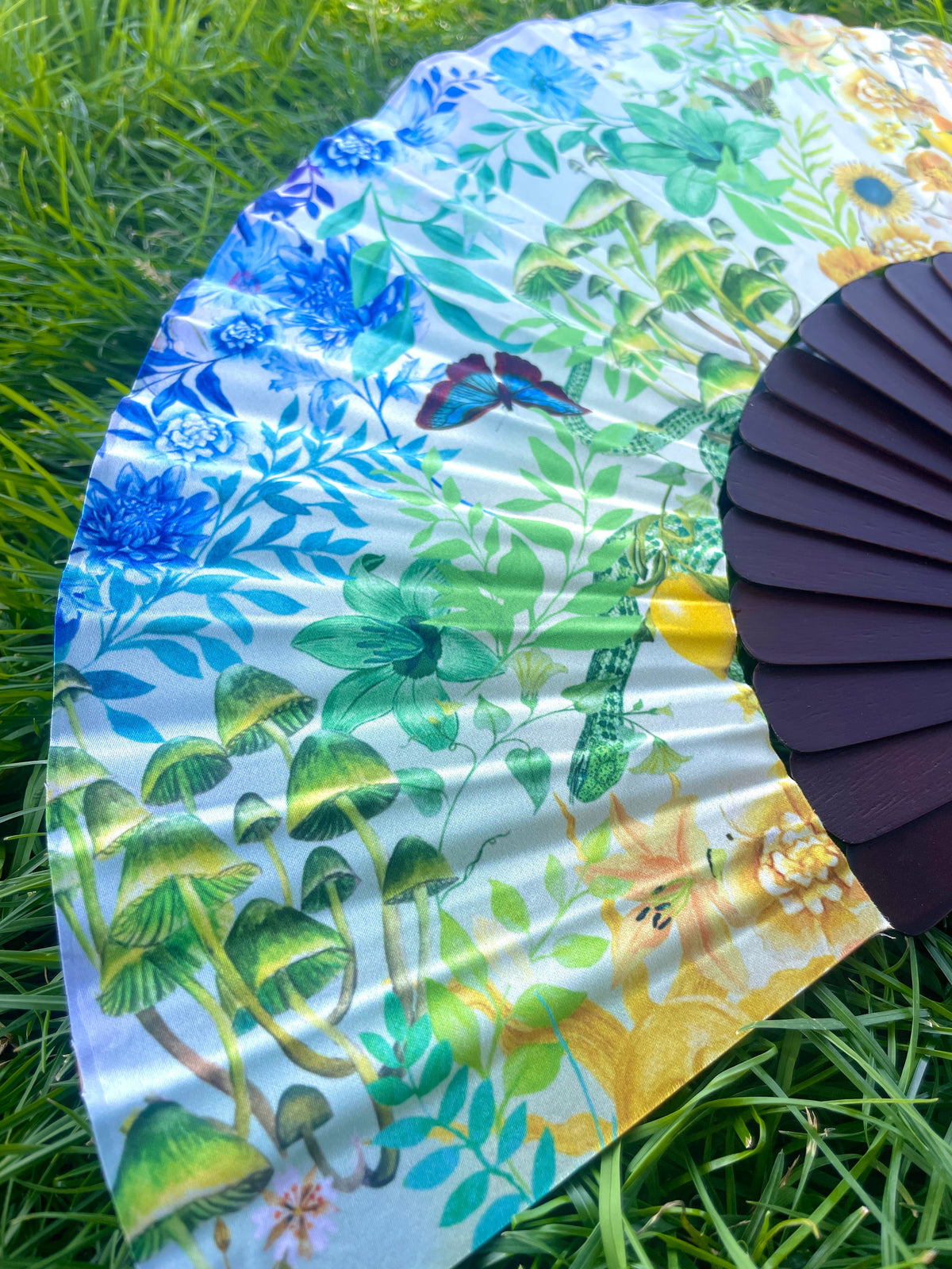 Colourful Silk folding hand fan 'kaleido-bloom' print with floral &amp; nature filled rainbow design