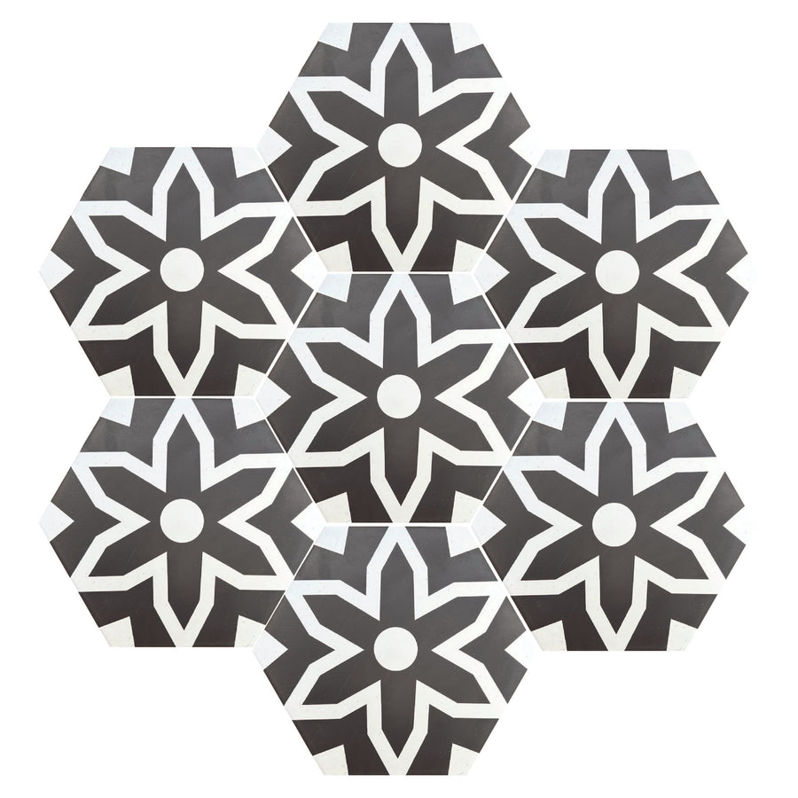 Luxury Fleur porcelain floor and wall tiles, black and white hex pattern, premium anti-slip, indoor outdoor use, stylish kitchen bathroom hallway patio by Maria Starling Design at brixbailey.com